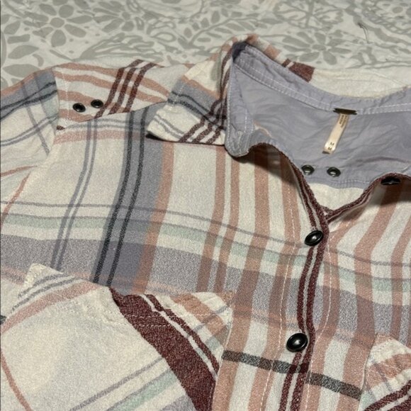Free People Plaid Oversized Button Down Shirt - Pink and White M - Picture 3 of 9